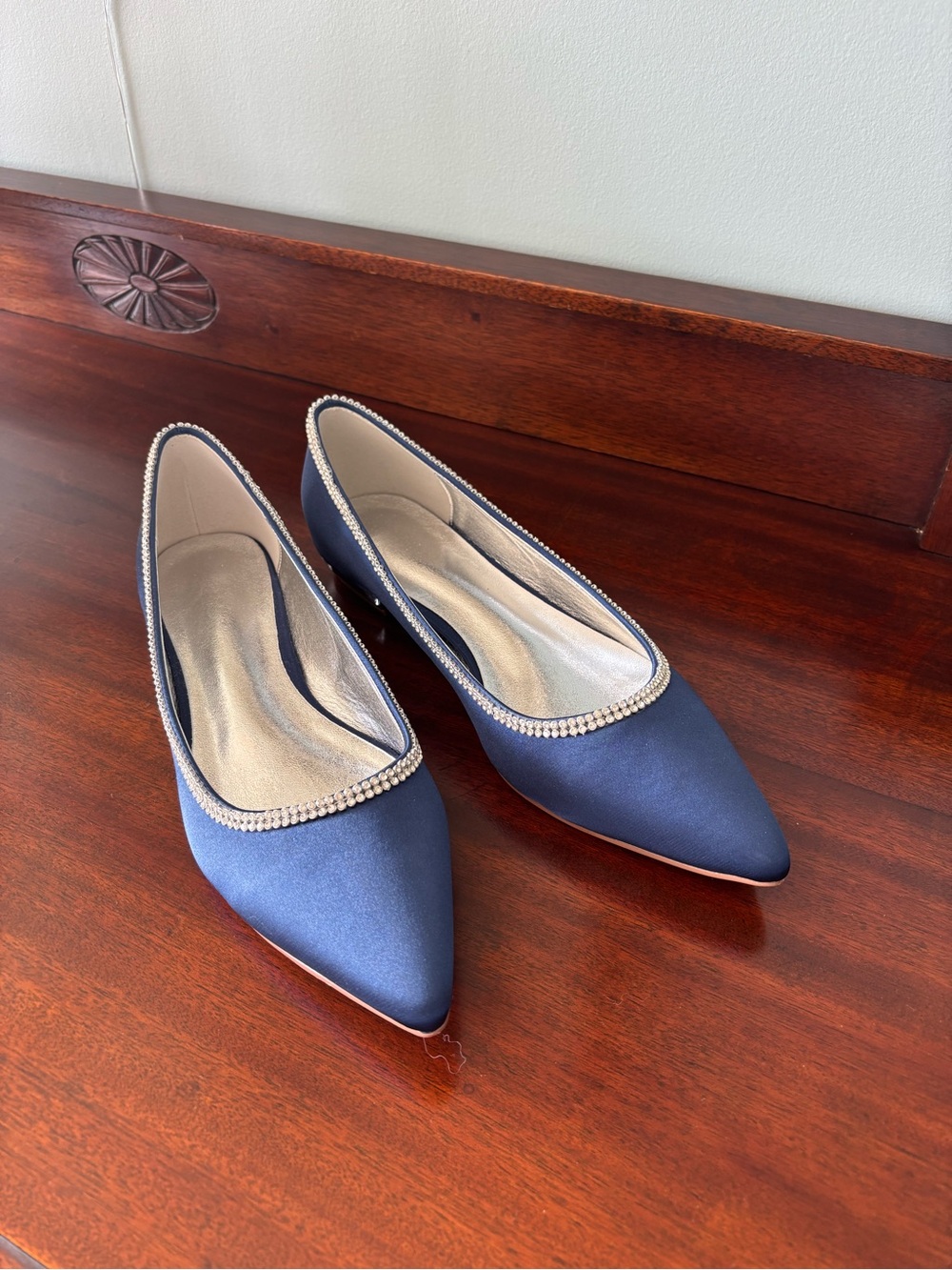 Women's Navy Satin Pointed-Toe Kitten Heels with Crystal Trim